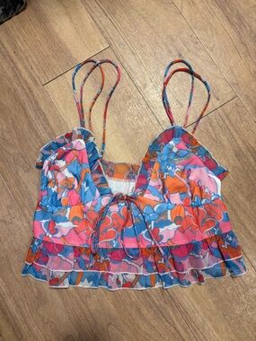 Floral Ruffle Tie-Front Crop Tank Top - Pink/Blue/Orange